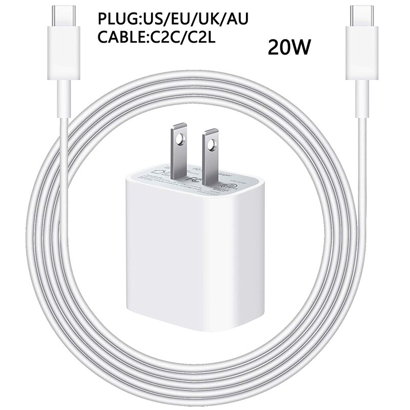 20W PD For Iphone 12 USB-C C2L Cable Power Adapter Charger UK/US/EU Plug Smart Phone Fast Charger for iPhone 12/X/8