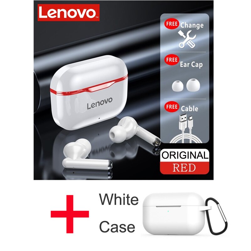 Original Lenovo LP1 TWS auricular inalámbrico Bluetooth 5,0 estéreo doble reducción de ruido bajo Control táctil Larga modo de reposo 300mAH: LP1 Red  case white