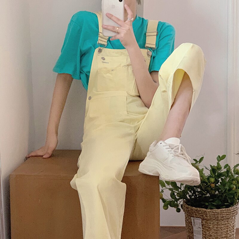 Gele denim jumpsuit dames mouwloos met zak dames jumpsuits casual losse rompers jumpsuits dameskleding
