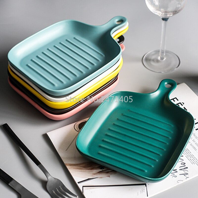 Japanse Stijl Bakvormen Huishoudelijke Keramische Steak Plaat Met Handvat Creatieve Nordic Westerse Servies Oven Schotel Plaat Diner Plaat
