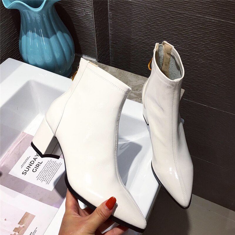 Winter luxe dames 5cm blok hoge hakken enkellaarsjes wit beige hakken leren korte laarzen western chelsea boots schoenen: Wit / 8.5