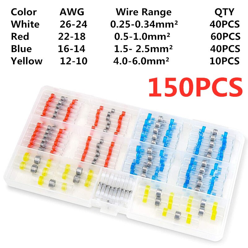 Solder Seal Wire Connectors Heat Shrink Solder Waterproof Butt Terminals Kit Automotive Marine Insulated Truck Solder Connector: 150pcs with box