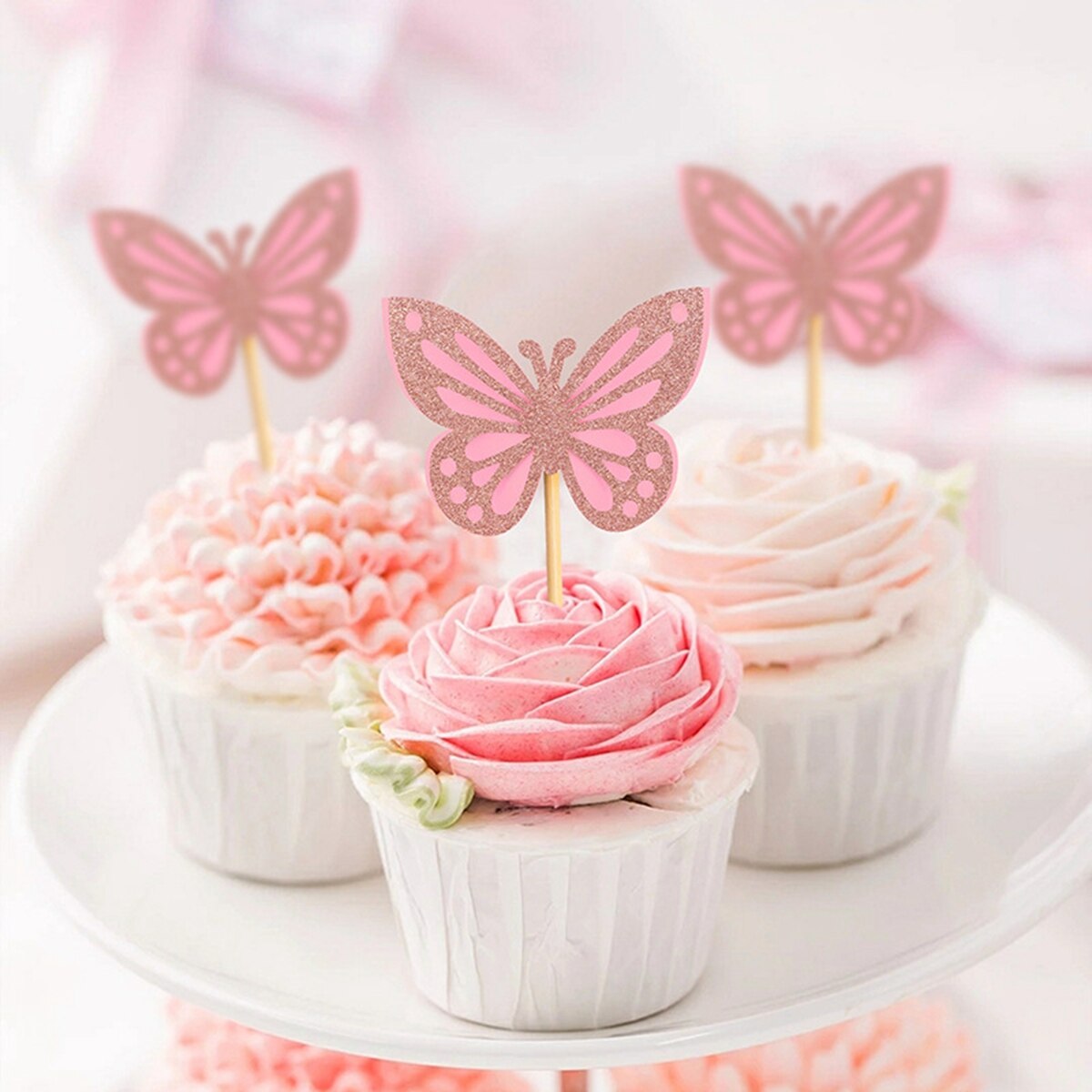 Pink lilla sommerfugl kage topper tillykke med fødselsdagen fest indretning baby shower pige bryllup brud dessert kage indretning cupcake flag