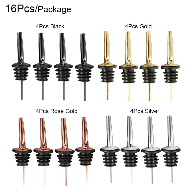 16pcs Black/Rose Gold Liquor Pourer Cork Spout Stainless Steel Wine Bottle Stopper Bartender Wine Corks Cocktail Bar Accessorie: 16Pcs 4color