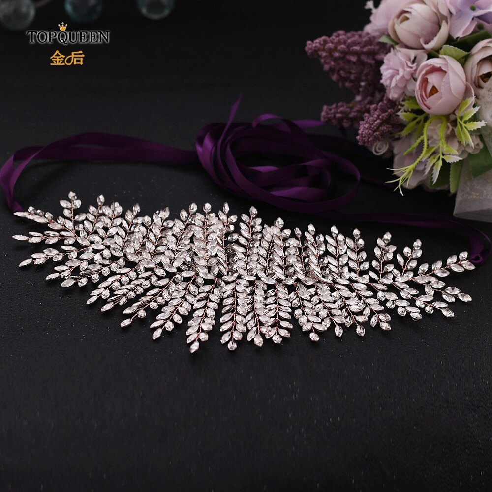 TOPQUEEN Rose Gold Jeweled Belt Wedding Dress Belt Rhinestone Belts for Women Formal Belt for Women Dresses Bridal Sash SH238-RG: Purple ribbon
