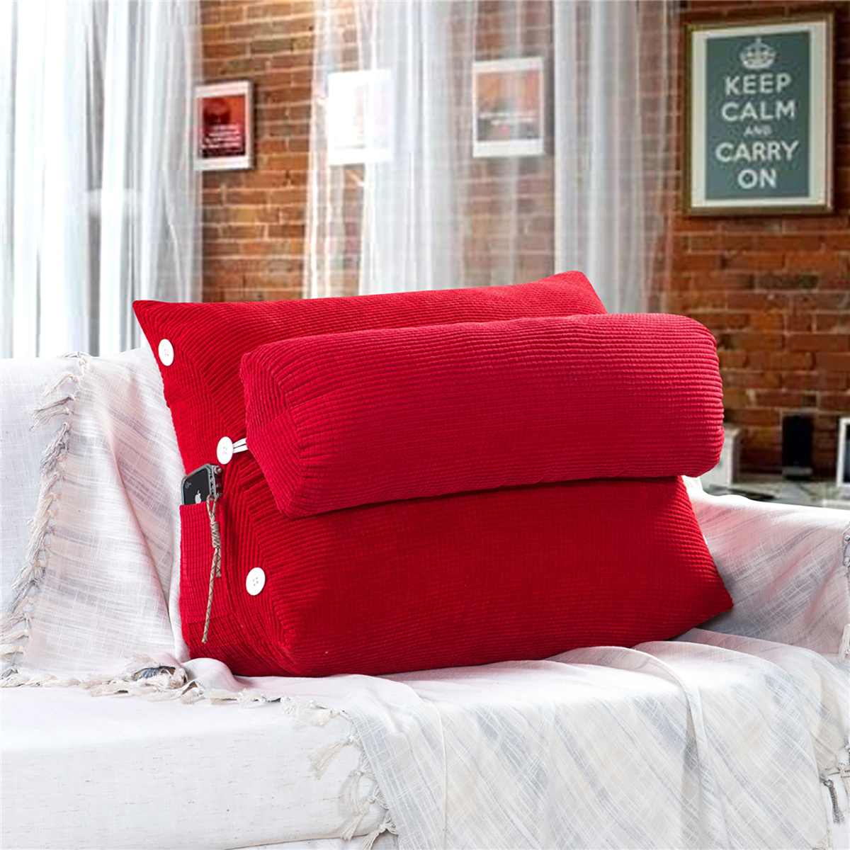 Sofa Cushion Back Pillow Bed Backrest Office Chair Pillow Support Waist Cushion Lounger TV Reading Lumbar Cushion Home Decor: Red