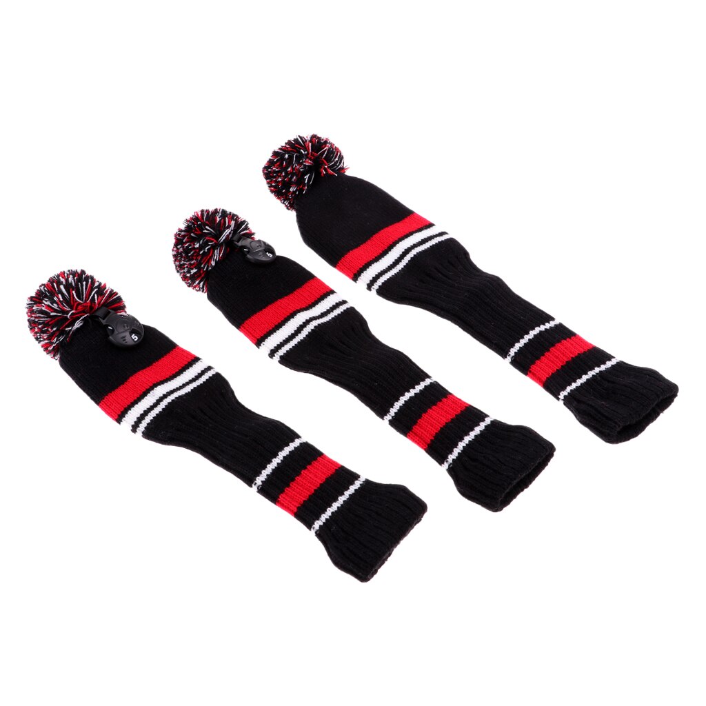 3Pcs Golf Pom Pom Hout Hoofd Cover Oude School Vintage Stripe Gebreide Cover Rood &amp; Wit Voor Driver Fairway hout Covers