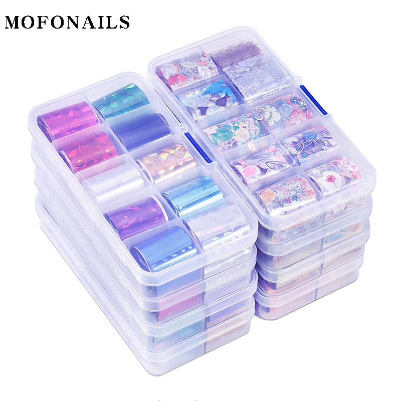 10 rollen/Kasten Transfer Folie Holographische 10 Entwürfe Schieberegler sternenklar Glas Papier Blitz Für Dekoration Nailart Tipps Manikübetreffend Aufkleber #