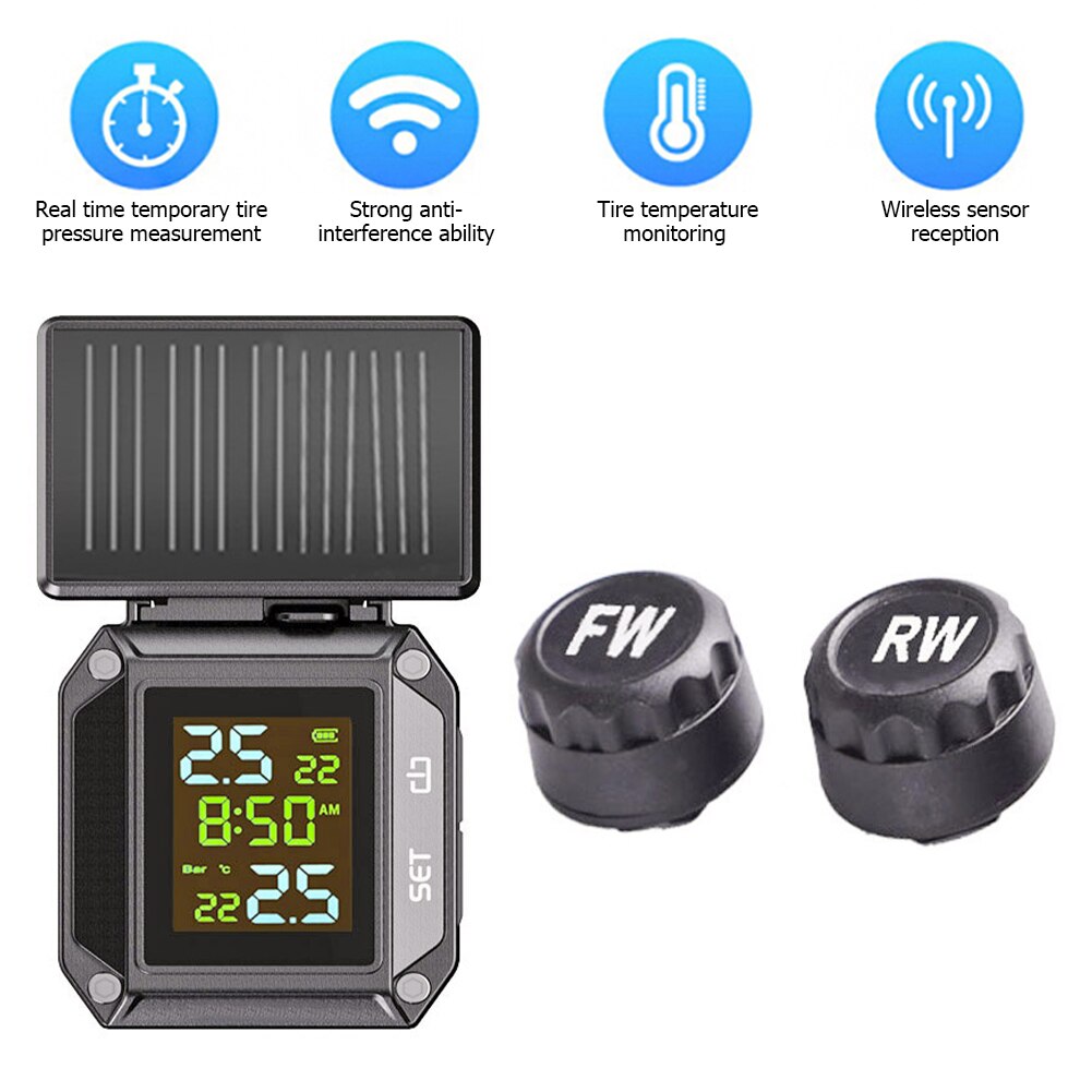 Draadloze Motorfiets Bandenspanning Alarm Lcd Display Solar Usb Charge 2 Externe Sensoren Tpms Tyre Temperatuur Monitoring Systeem