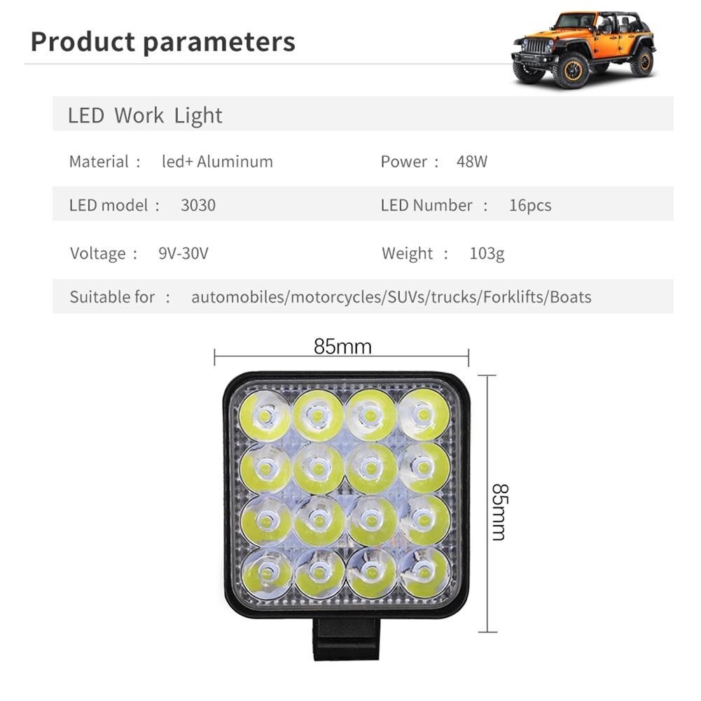 DC 12-24V LED Car Work Light 16LED Square 48W Engineering Light Inspection Light Offroad Roof Light Driving Lamp