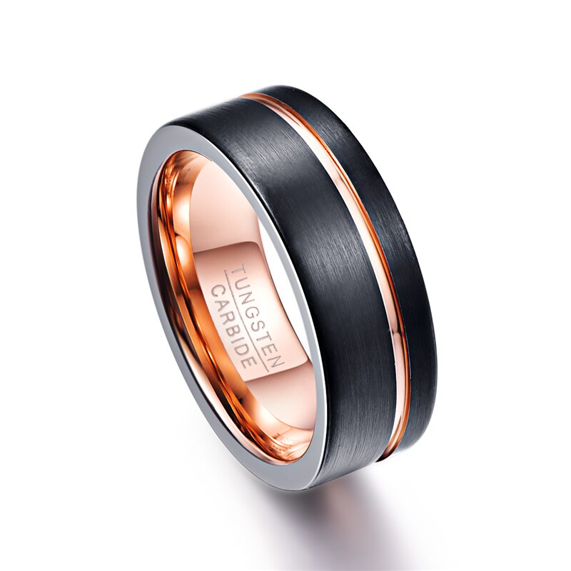 Fishion 8Mm Wide Zwart Dunne Rose Gouden Lijn Mannen Ring 100% Tungsten Carbide Ring Mannelijke Wedding Bands Sieraden: 13.5