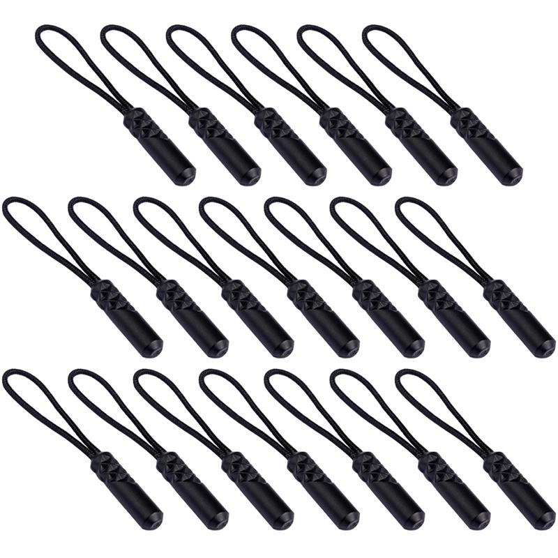 20 pièces tête de cylindre tirette tirette compacte tirant la corde fermeture à glissière tête queue corde multi-usages tirette extracteur pour vêtements: Black