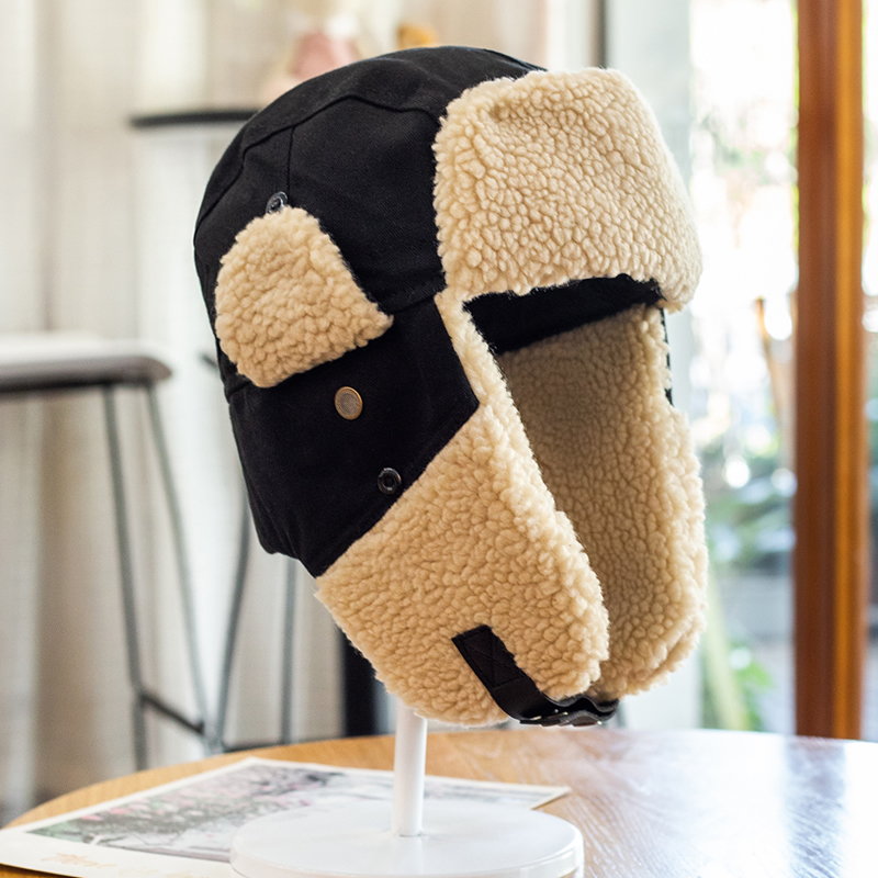 Pilot bomber hat unisex wind and cold winter cotton hat ear protection and velvet earmuffs cycling ski hat: black