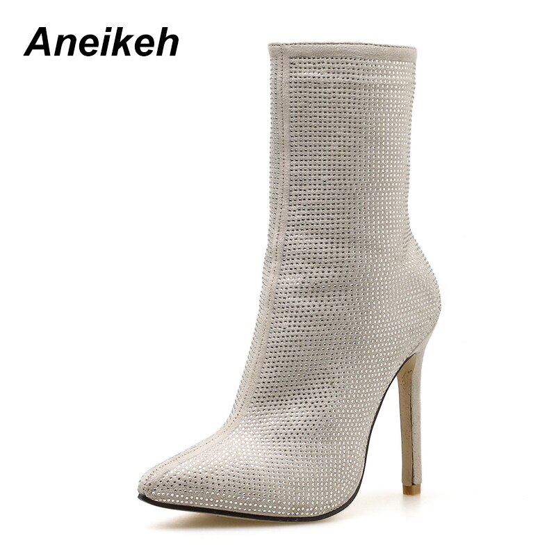 Aneikeh höst glitter skor höga dam ankelboots strass spetsig tå tunna klackar chelsea boots skor stl 35-40