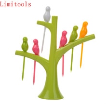 Fourchettes à fruits en plastique | Service de vaisselle, motif d'arbre + d'oiseaux créatifs, 1 support + 6 fourchettes, fourchette à légumes, outils pour fruits et légumes