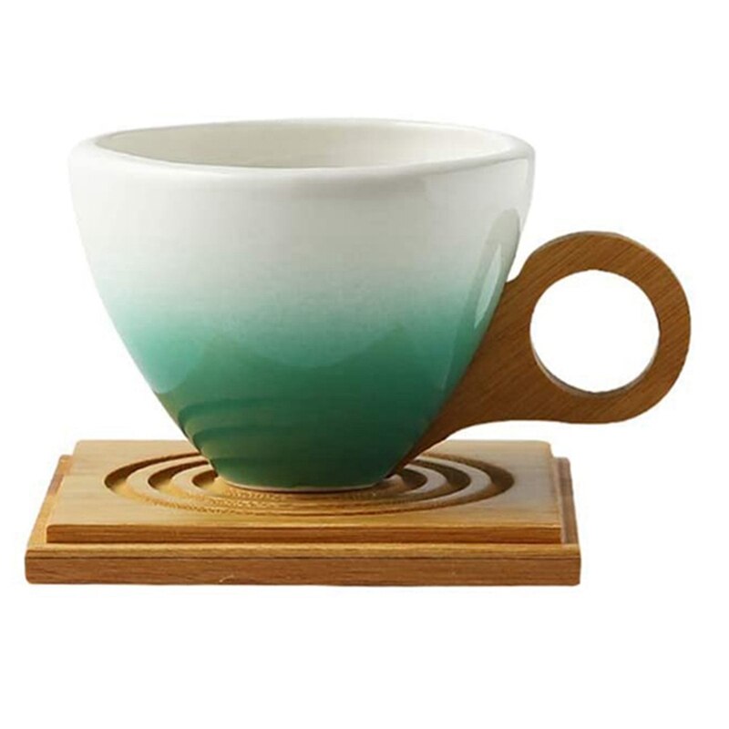 European Gradient Color Ceramic Coffee Cup Set Ideas With Bamboo Handle Coaster Ceramic Tea Cup