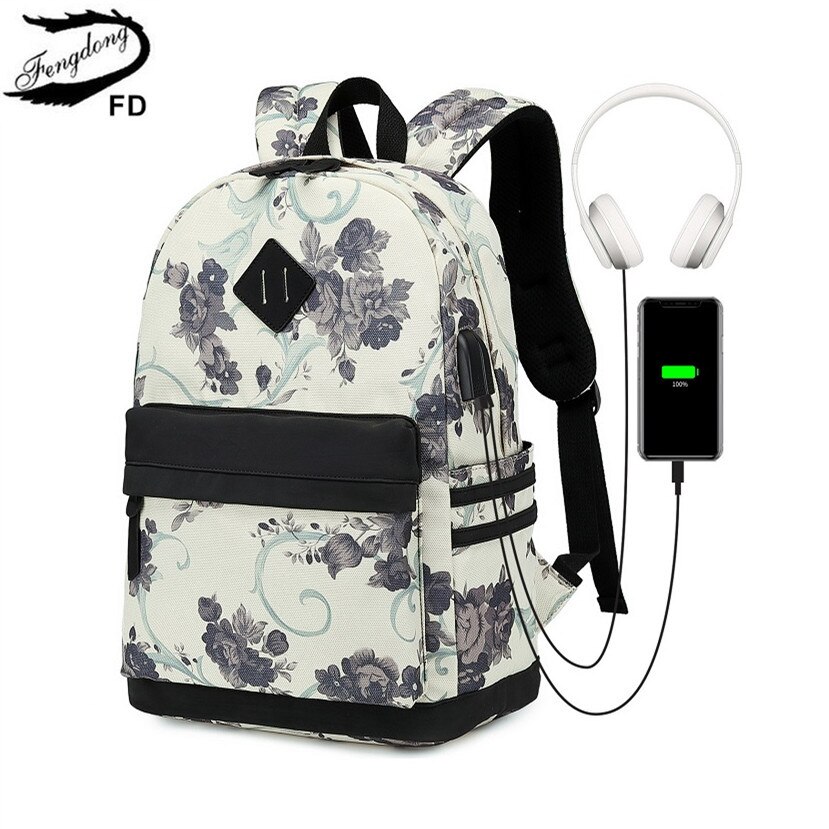 Fengdong flower schooltassen voor meisjes, tieners, usb-rugzak, damestas, middelbare schooltas, schooltas voor tieners