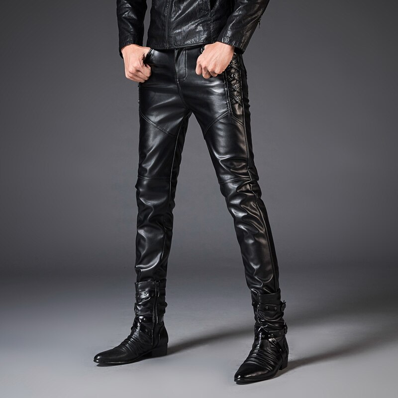 Pantalones de cuero Punk Rock para hombre, pantalones informales ajustados de cuero PU para motocicleta, ropa de calle, hip hop