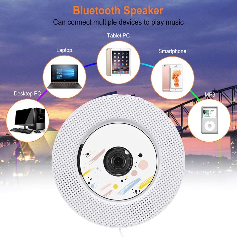 Draagbare cd-speler met bluetooth, aan de muur te bevestigen cd-speler met afstandsbediening voor thuis, ingebouwde hifi-luidsprekers met hoofdtelefoon j