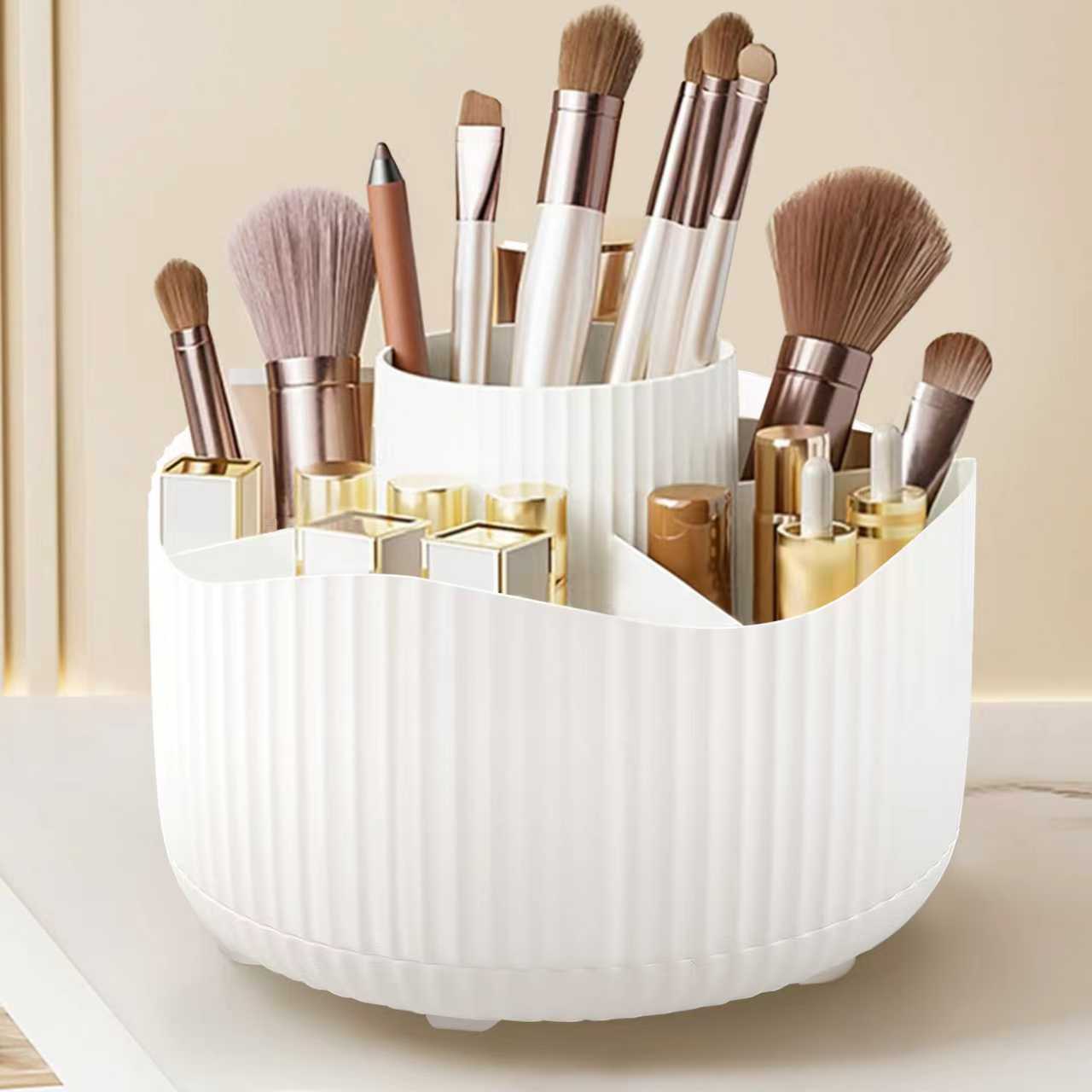 360° Rotating Makeup Organizer Makeup Holder Cosmetic Storage with 5 Compartments Multi-Functional Holder for Brushes Pen