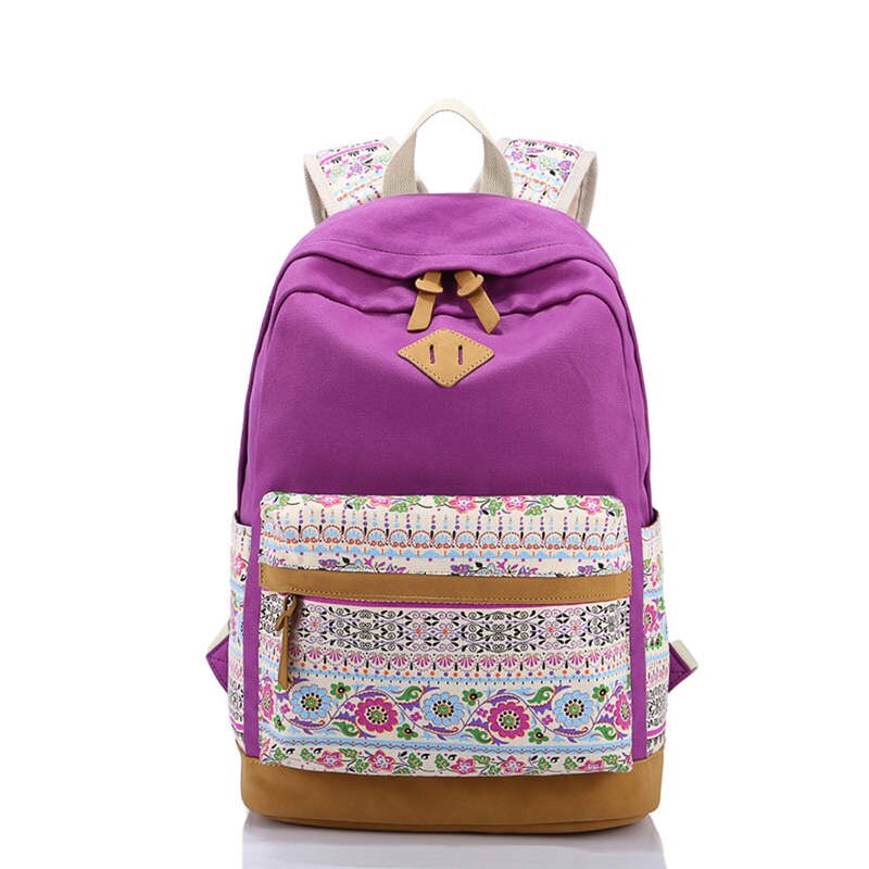 Scione canvas dames schooltas rugzakken voor meisjes mochila escolar bloemenprint computer laptop rugzak schoolrugzak  p112: Paars
