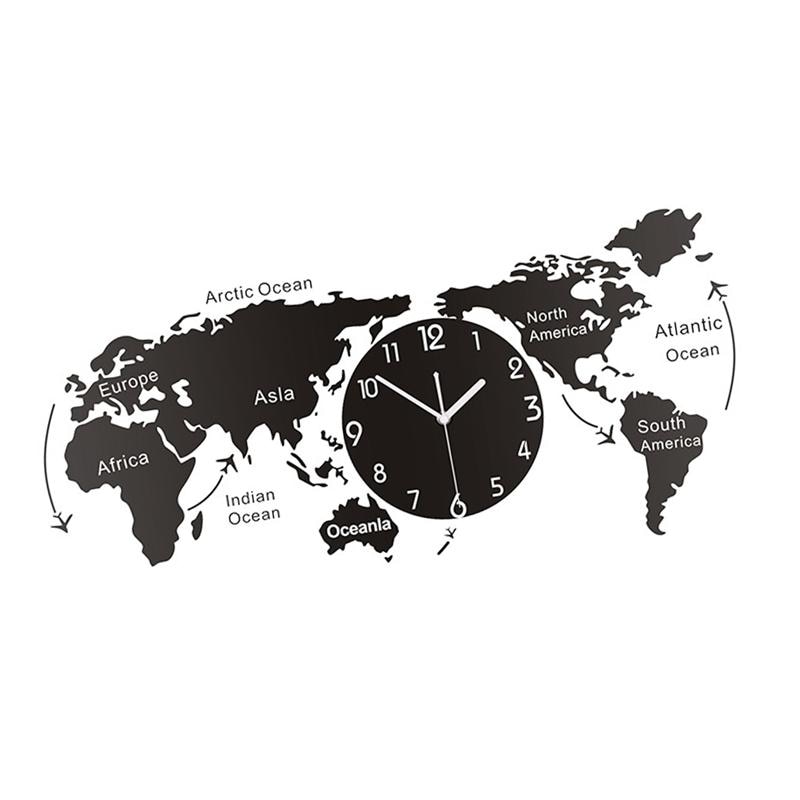 1PC Unique Acrylic Wall Clock World Map Wall Hanging Clock For Office Home Living Room Without Battery A2