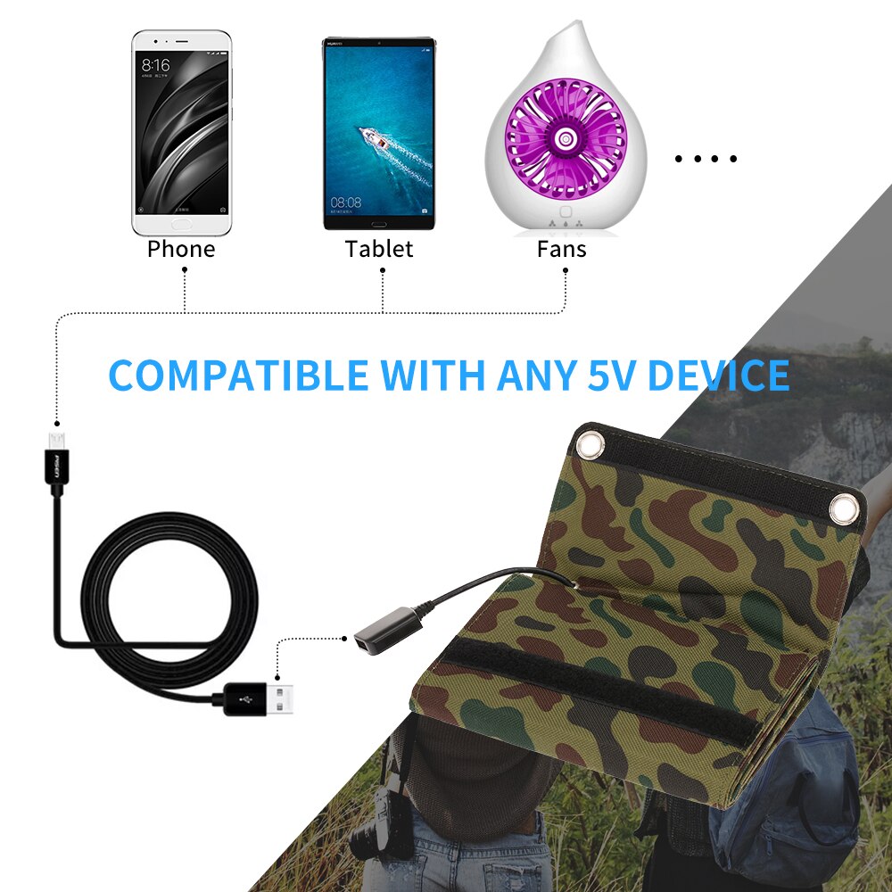 10W/5V Portable Solar Charger With USB Port Foldable 5 Solar Panel Camping Hiking Travel Compact Solar Power Phone Charger