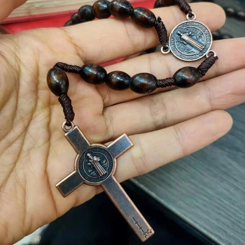 Jesus Houten Gebed Kralen Cross Geweven Touw Katholieke Religieuze Muur Rozenkrans Ketting Sieraden Trui Chain Decor Voor