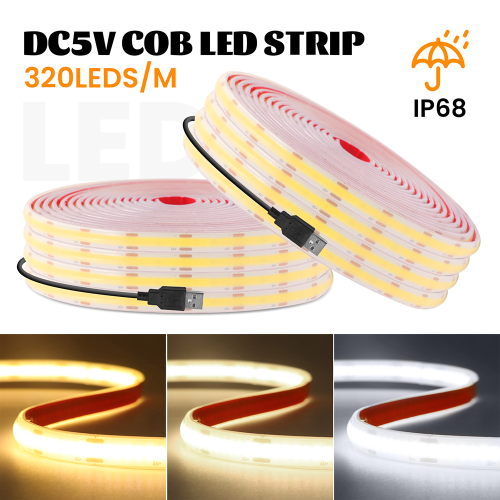 5V IP68 Wasserdichter COB-LED-Streifen USB-betrieben 3000K 4000K 6000K Licht 320 LEDs Flex DC5V Schranklampe TV-Hintergrundbeleuchtung Nachtbeleuchtung