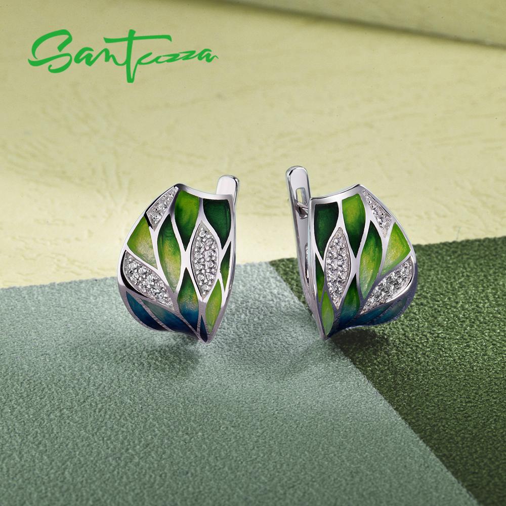 SANTUZZA Silver Earrings For Women Genuine 925 Sterling Silver Green Bamboo leaves Shiny White CZ Fine Jewelry Handmade Enamel