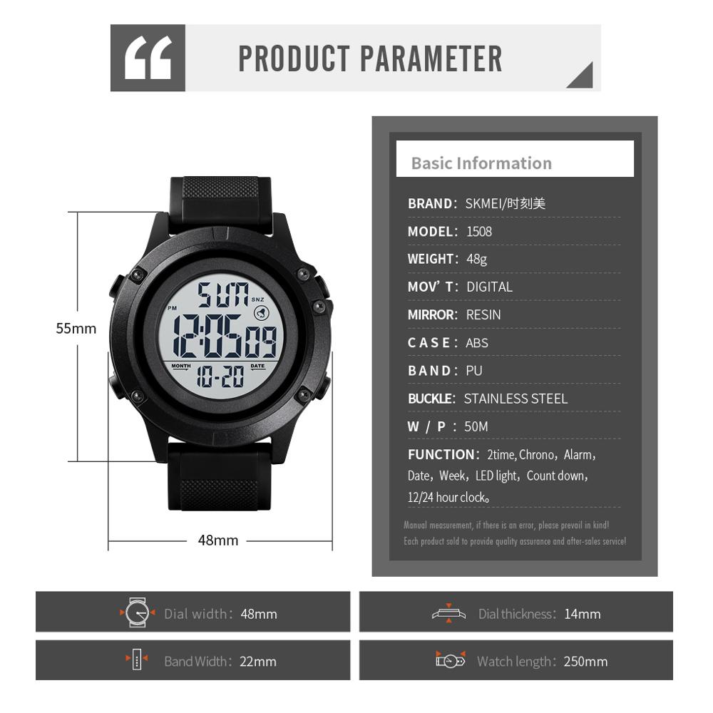 Skmei herr digital klocka 2 tid vattentät sport armbandsur herr date week väckarklocka elektronisk herrklocka montre homme 1508