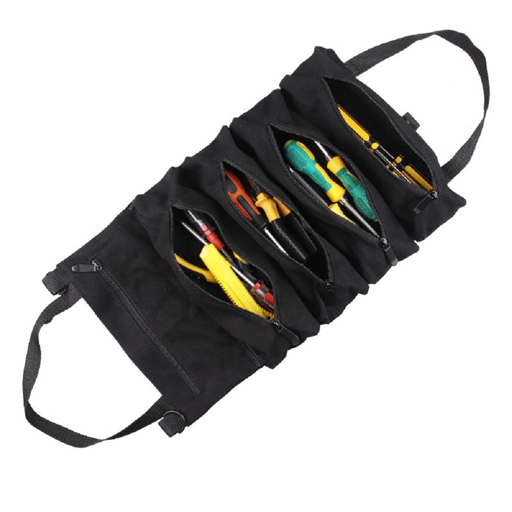 Canvas Rolling Tool Bag Roll Multi-Purpose Tool Roll Up Bag Wrench Roll Pouch Hanging Tool Zipper Carrier Tote: BLACK