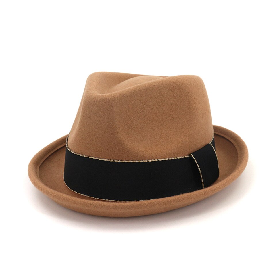 Hoaree vintage pork pie hoeden wollen fedora's vrouwen bordeauxrode trilby hoed dames retro jazz pet dames herfst winter vilten hoed: Kaki fedora