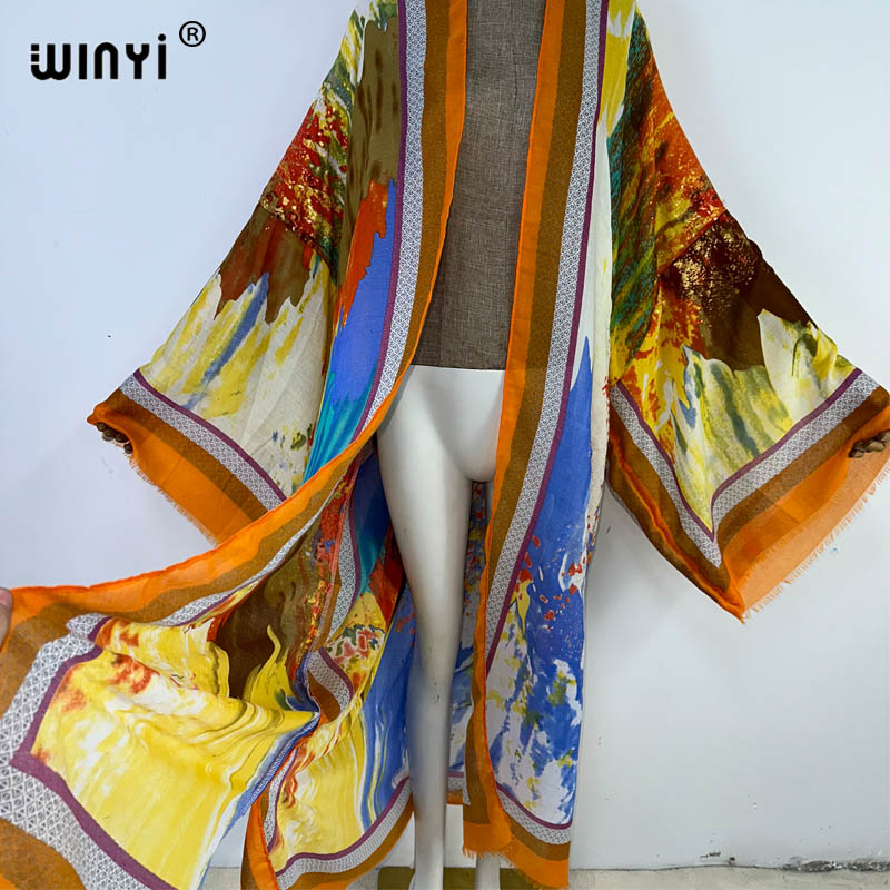 Winyi 2023 sommer-cardigan mit goldenem print aus baumwolle, locker geschnitten, langes kleid, boho-maxikleid, strandkleid, überwurf für badebekleidung