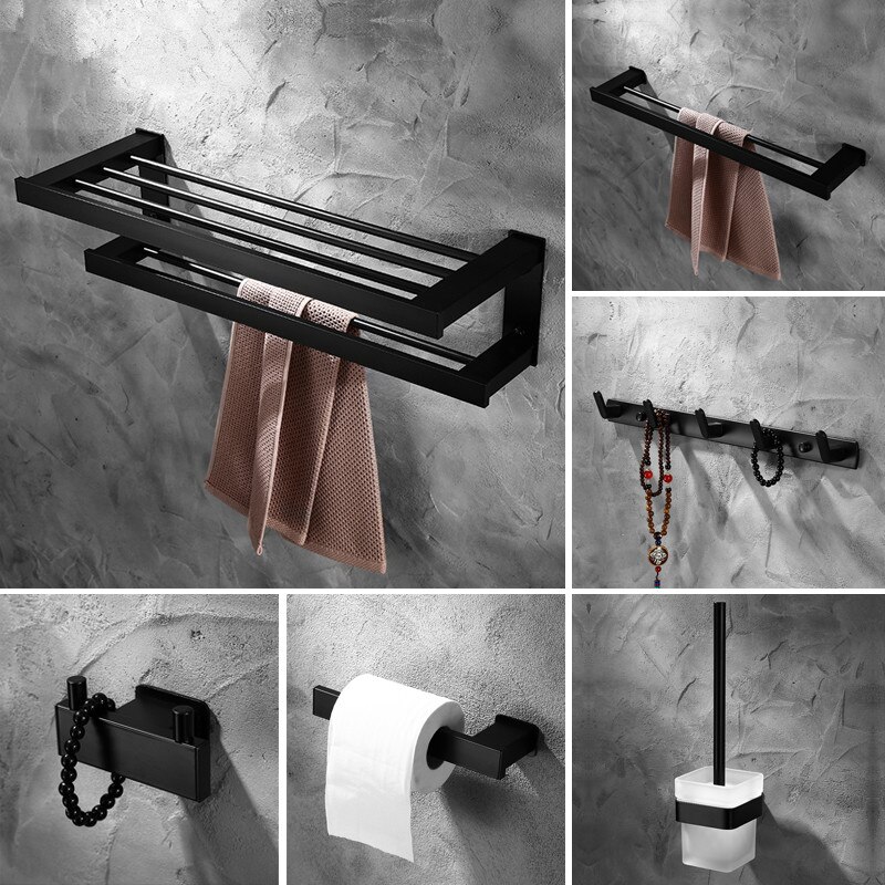 Nordic space aluminium veggmontert baderomstilbehør svart dusjhjørnehylle servantsett håndkleholder hardware baderom