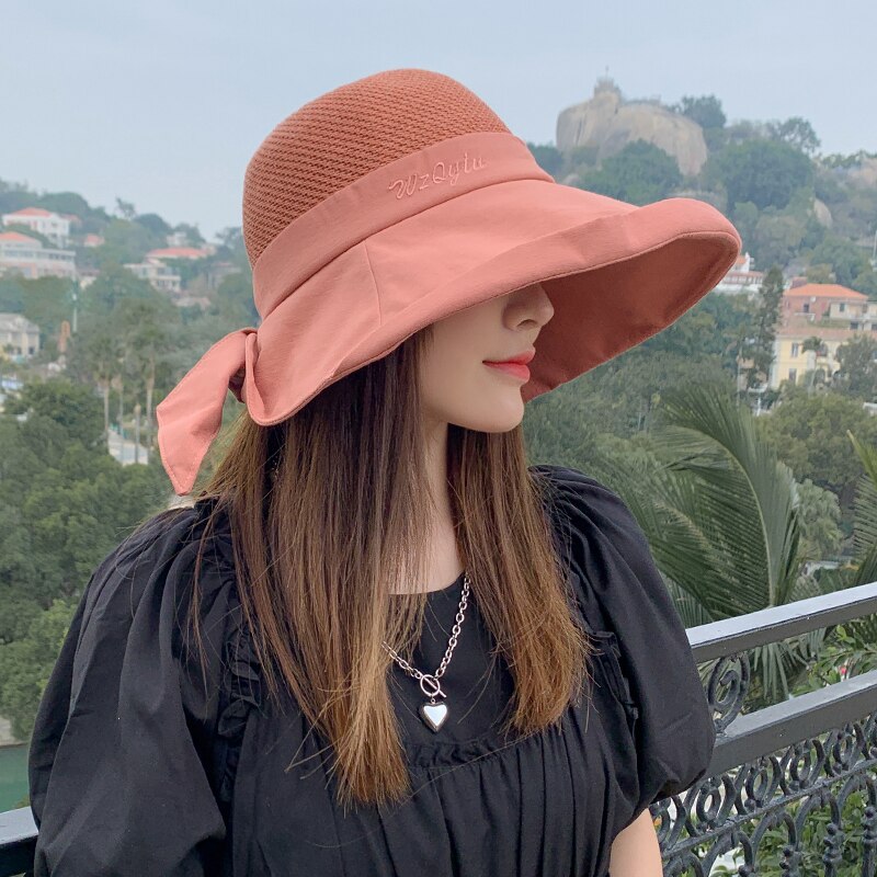 Chapeau de soleil en maille souple pour femmes, seau pliable, à Large bord, nœud papillon, Anti-UV, pour la plage, nouveauté, été,: Orange