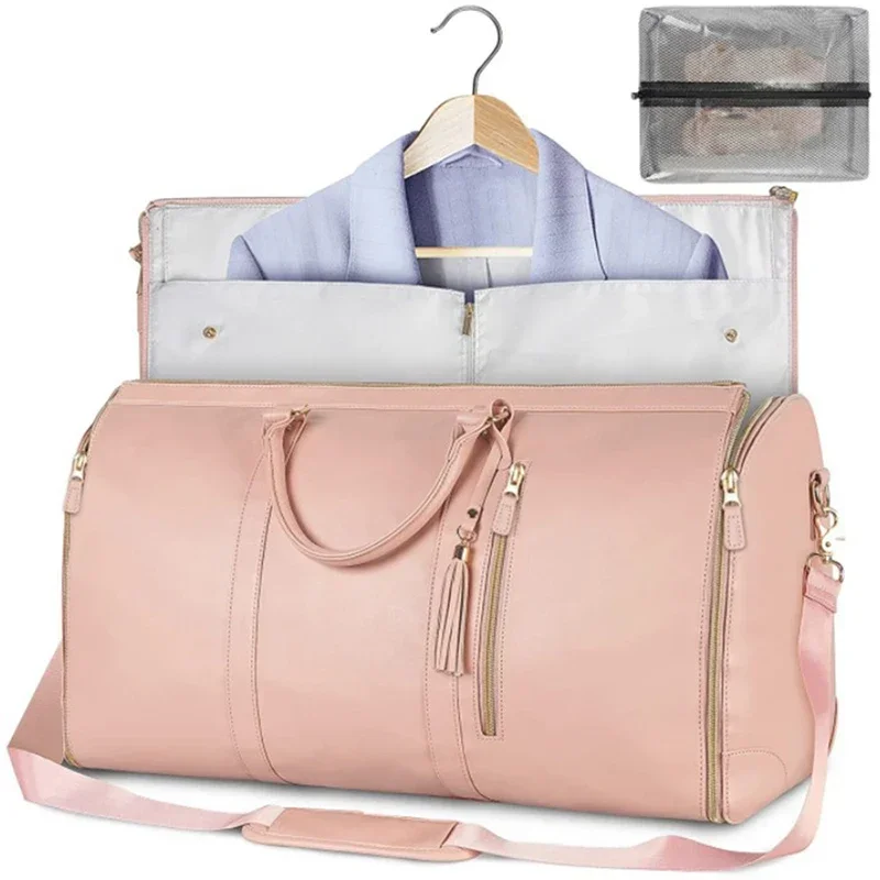 , bolsa grande de almacenamiento plegable de PU para traje, bolsa plegable de viaje para mujer, bolsa de ropa práctica, bolsa de lona, bolsa de viaje de negocios para mujer: Rosa