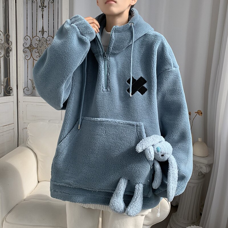 Sherpa Front Pocket Men's Hoodie Oversized Preppy Style Hooded Man Students Boy Sweatshirts: blue / XXL