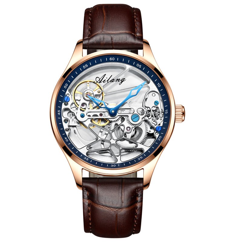 Ailang Brand Mannen Automatische Mechanische Horloges Top Leatehr Waterdichte Steampunk Horloges Heren Skeleton Klok Rome Relogio: Rose gold blue