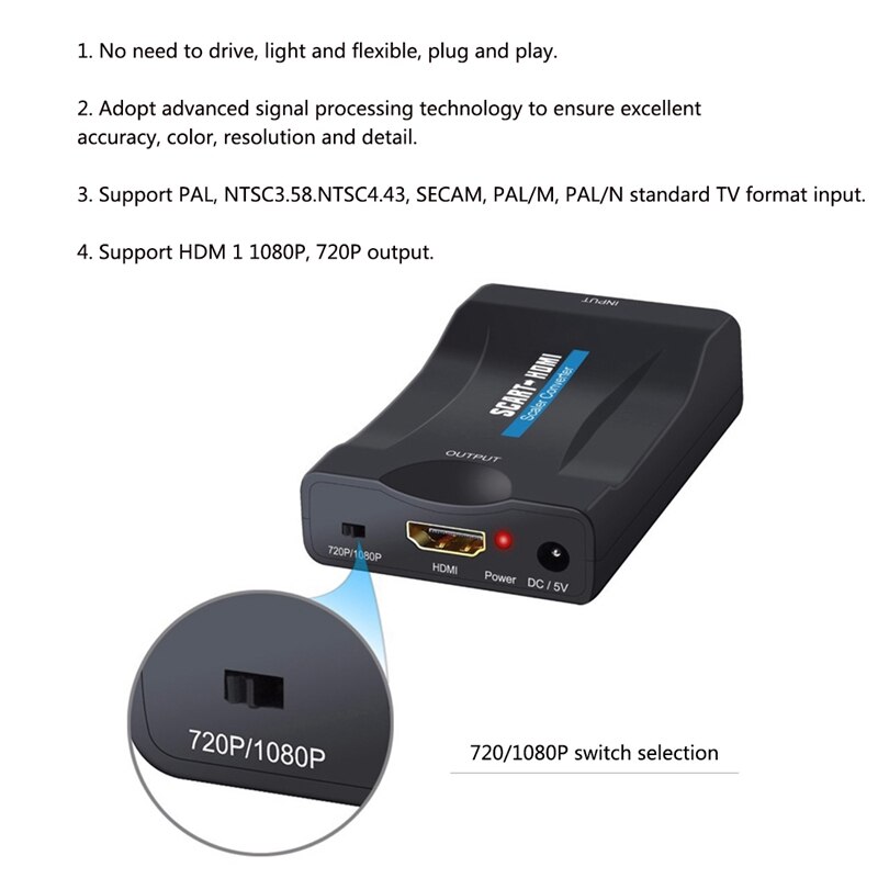 Scart naar hdmi converter adapter, scart adapter ondersteunt hdm 1080p/ 720p switch video o upscale converter