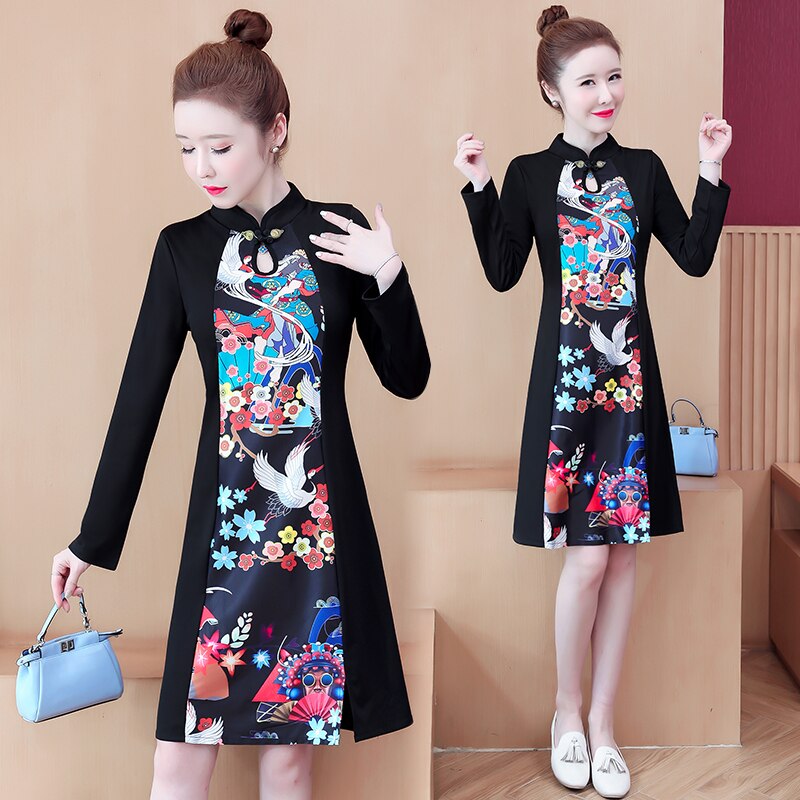 Vestido de verano de talla grande, negro, Vintage, Chino, Tradicional, informal, , manga larga, M-4XL