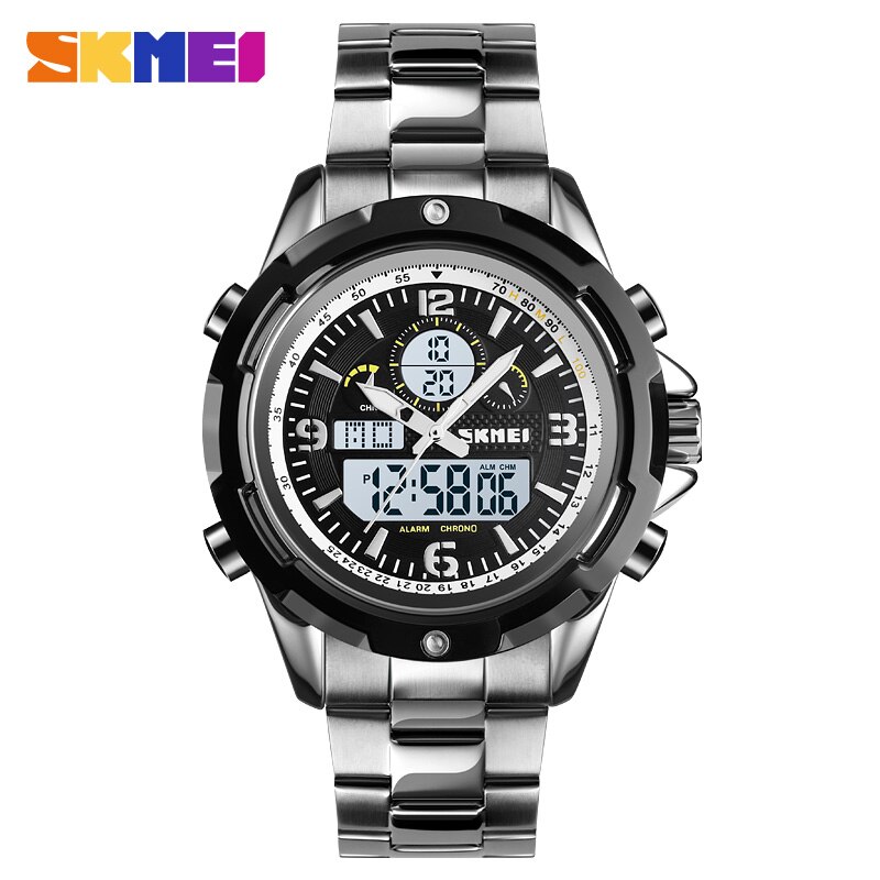 Skmei Heren Horloges Quartz Sport Horloge Luxe Stalen Band Stopwatch Chrongraph Digitale Horloge 2Time Horloge Mannen Outdoor Klok: silver