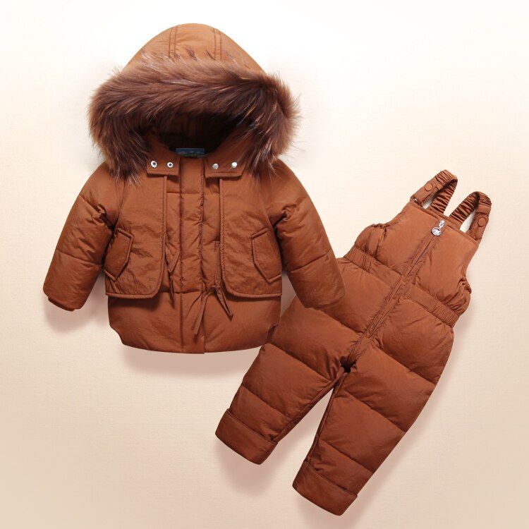 Vinter baby drenge tøj sæt 1-3y drenge skidragt sæt børn sport jumpsuit varme frakker pels andedun jakker+smækbukser: Mørkebrun / 3t