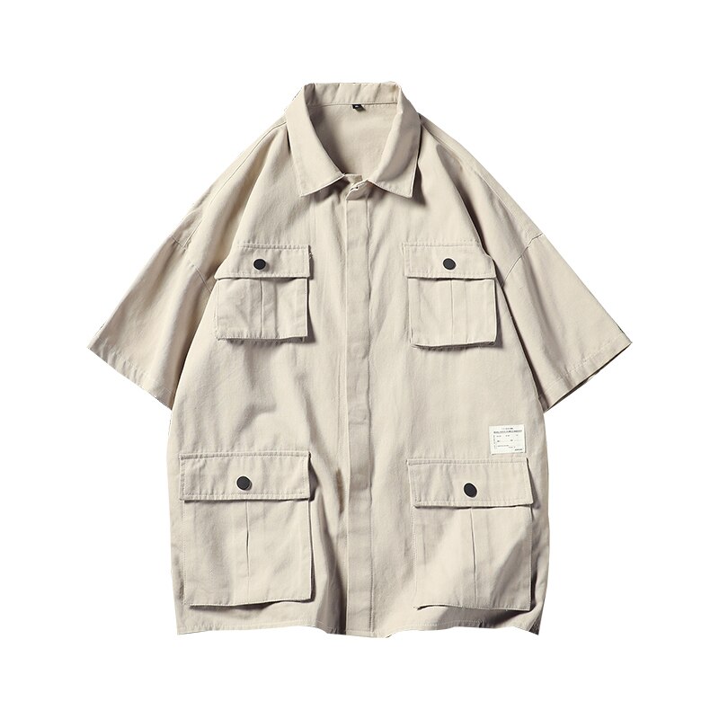 Lappster menn streetwear lommer last skjorter ins moter sommer kortermede svarte skjorter mann japansk stil hofte hopp klær: beige / M