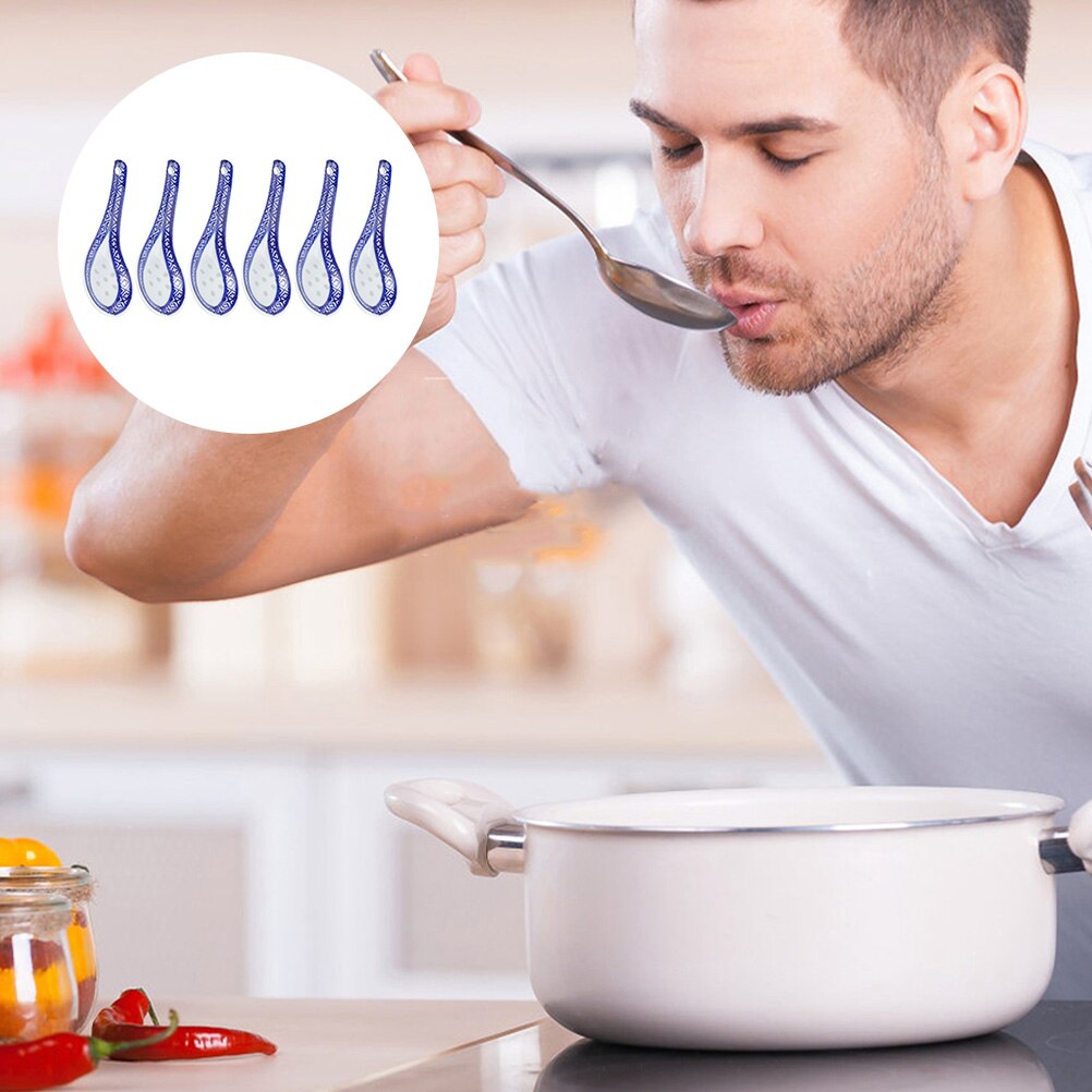 6Pcs Ceramic Spoons Restaurant Tableware Chinese Style Small Soup Spoons