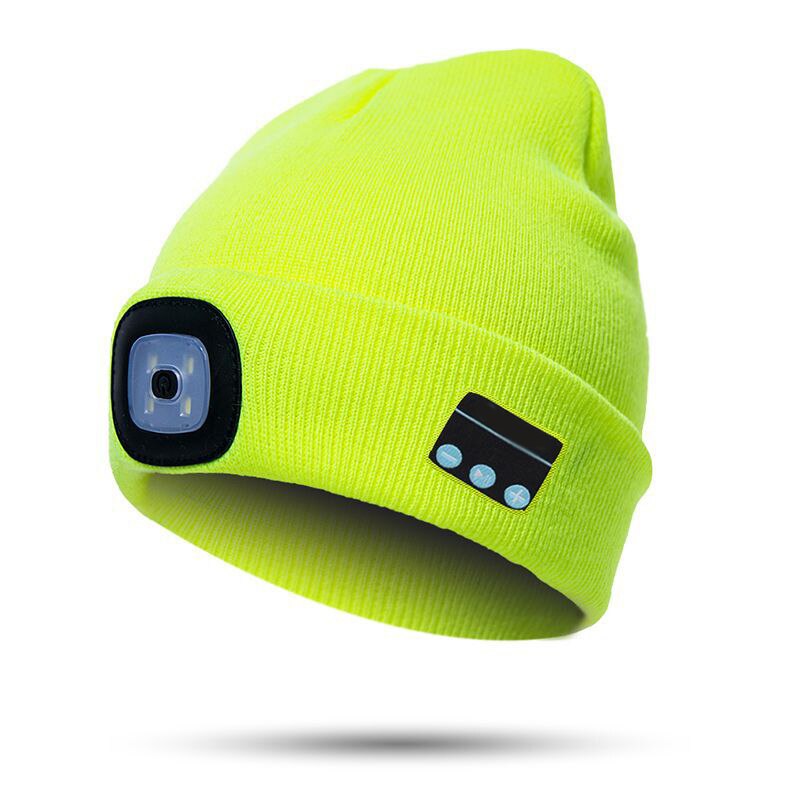 Bluetooth-muts met led-koplamp, verlichte muts, oplaadbaar met draadloze bluetooth-winterwarme gebreide muts en t8: Fluorescerend geel