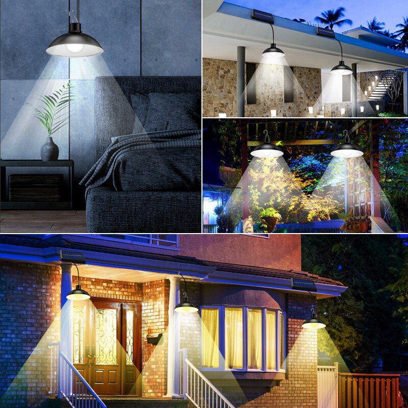 Luces colgantes de doble cabeza impermeables IP65, lámpara Solar para interior y exterior, luces de cobertizo con Cable alimentadas por luz Solar para patio, Camping, etc.