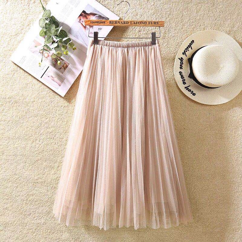 Sommer tyl lange nederdele kvinder sort beige pink grå hvid mesh plisseret nederdel lag en linje pige ferie strand nederdele: Beige