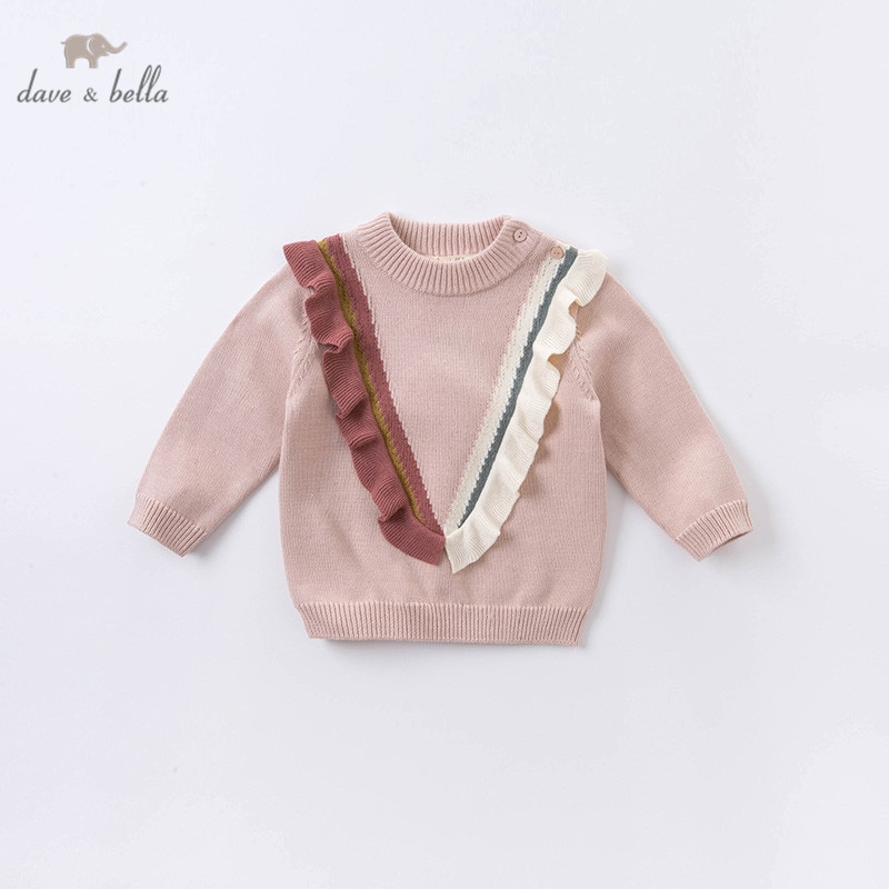 Dbm 14516-1 dave bella efterår søde baby piger ruched strikket sweater børn pullover toddler boutique toppe