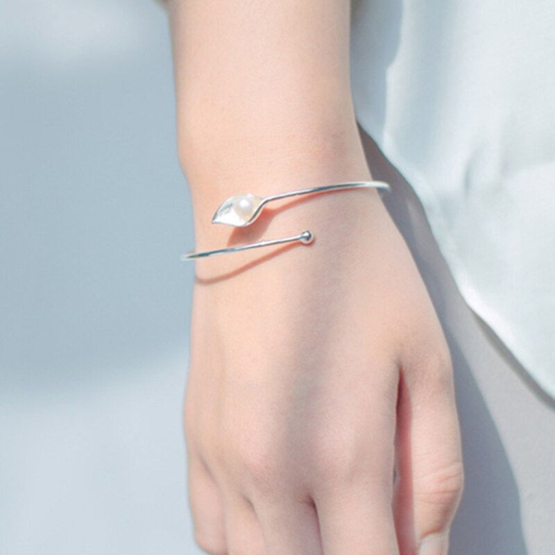 100% 925 Sterling Silber Hülse Perlen Calla Blume Armbinde Armreif Für Frauen Einfache Party Schmuck